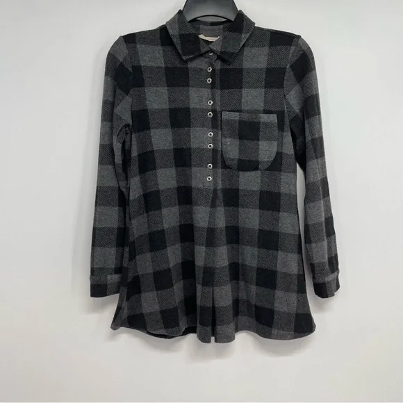 Soft Surroundings Women’s PXS  Fleece Top Roll Tab Sleeve plaid tunic top - Picture 2 of 8